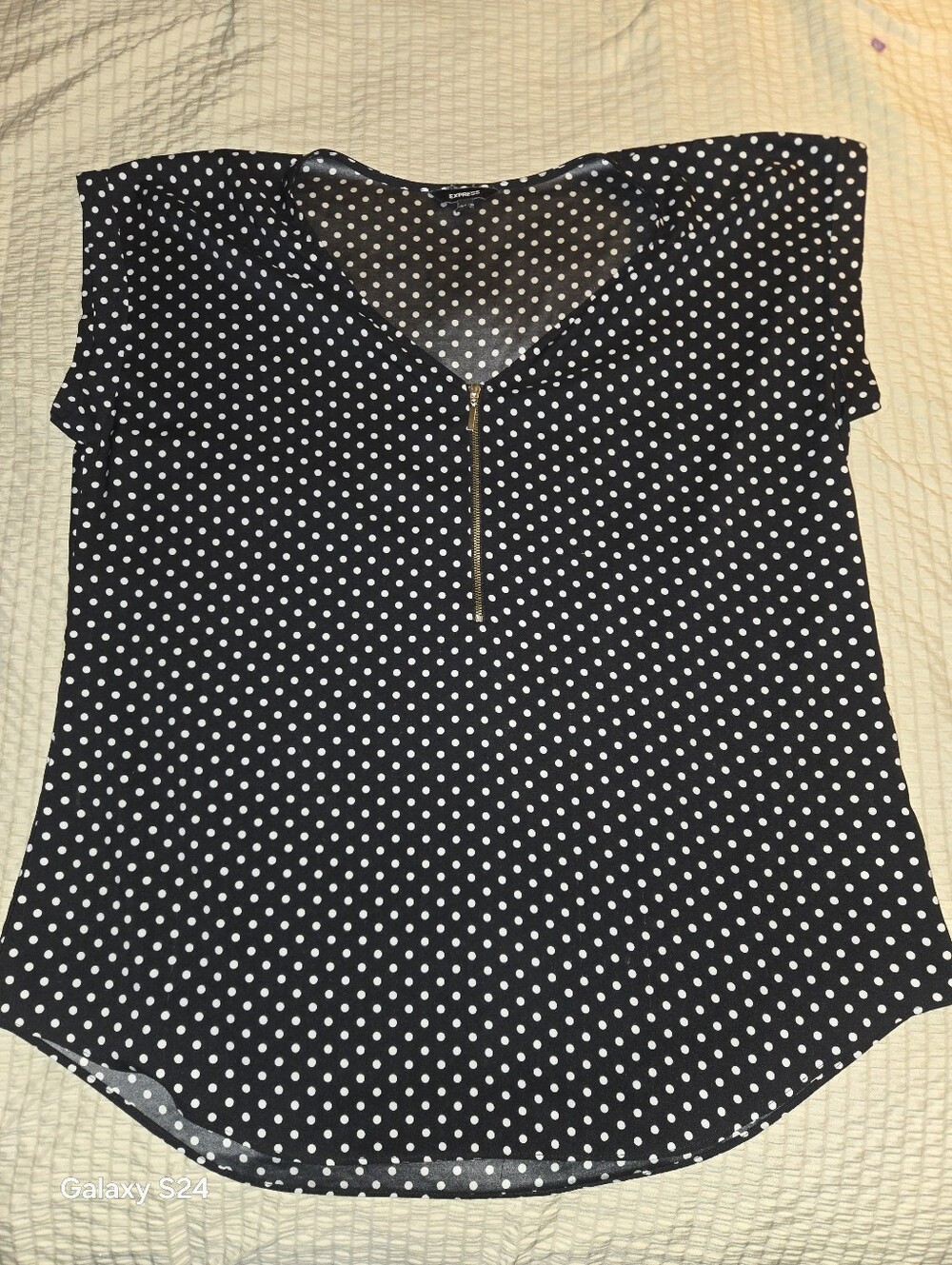 Express Black Polka Dot Short Sleeve Blouse with Gold Zip